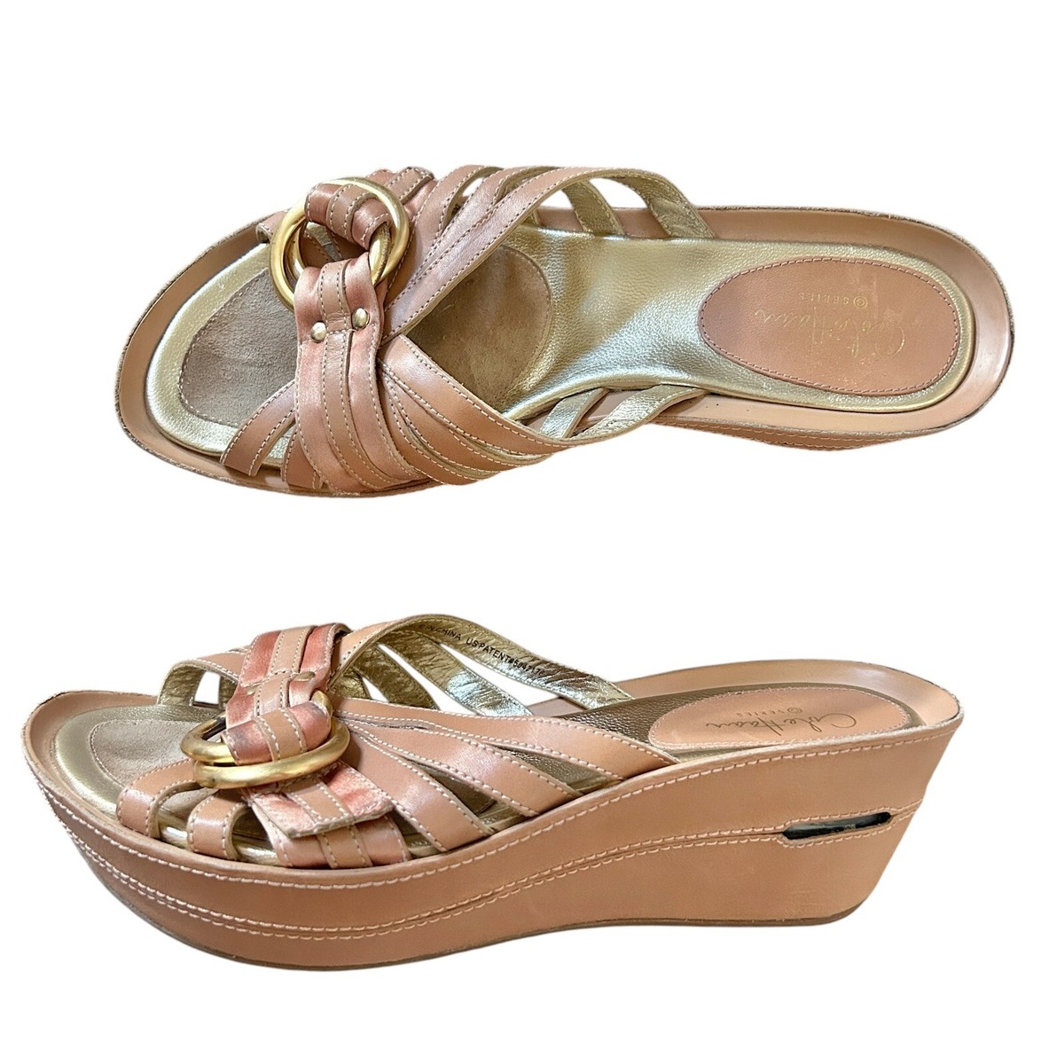 Cole Haan NikeAir Wedge Slides Tan Leather Buckle Slip On Sandals Womens 6.5 | eBay