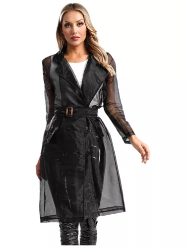 Womens Coat See Through Trench Notch Lapel Jackets Ladies Outerwear Cropped- - Picture 42 of 60
