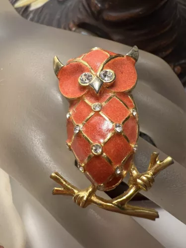 Rare Vintage Marcel Boucher Goldtone Orange Enamel Rhinestones Awl Brooch Pin