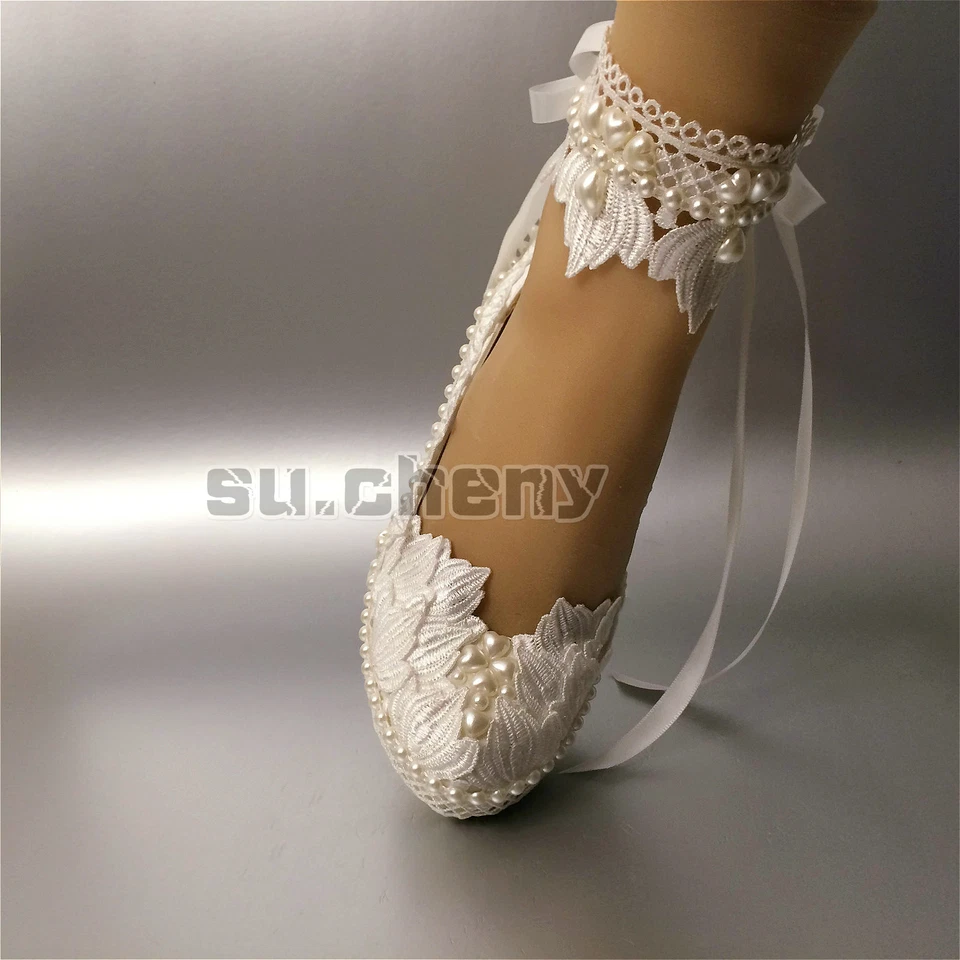 Su,Cheny 3" 4” Tacón Blanco Marfil Satinado Encaje Cinta Punta Redonda Boda Novia Zapatos Foto 4 de 4