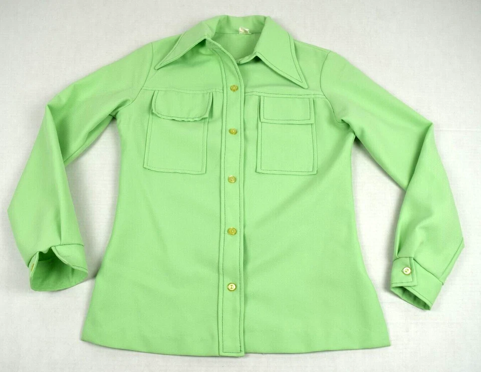 Vintage Top Mod Leisure Shirt Size S/M 60s 70s Lime Mint 2 Flap Pocket Polyester - Image 2 of 4