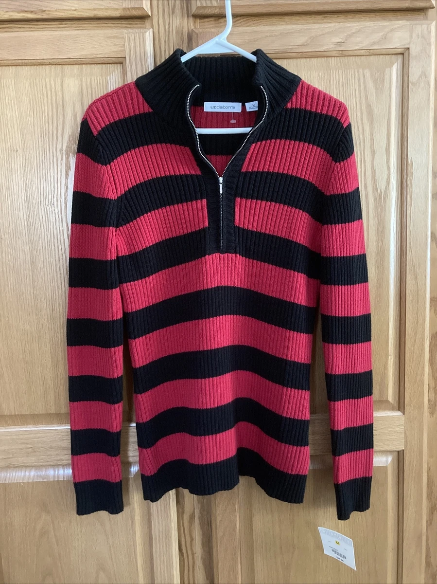 LIZ CLAIBORNE STRIPE SWEATER M RED BLACK NWT 1/4 ZIP FRONT COTTON KNIT LS WOMENS