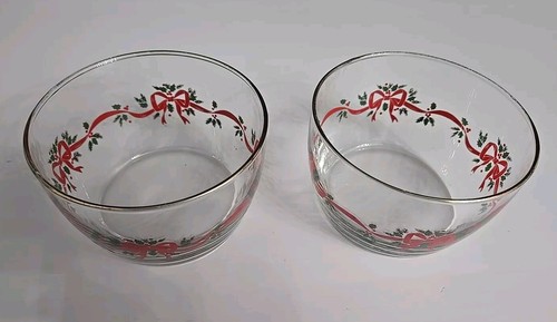 2 LIBBEY HOLLY BAND & SCHLEIFEN GOLDRAND WEIHNACHTEN GLAS SNACK NUSS DESSERTSCHALEN