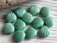 12 - 9mm CZECH SEA SHELL OPAQUE TURQUOISE BLUE GOLD WASH GLASS BEACH BEADS