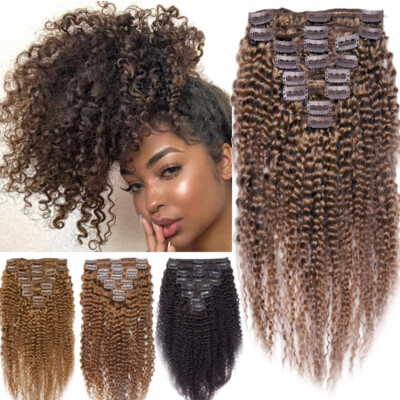 Super Afro Kinky Curly Clip In Virgin Human Hair Extensions Black Auburn Brown