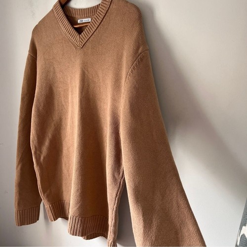 Zara hellbrauner Strickpullover mit V-Ausschnitt Herren Large - Bild 5 von 7