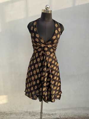 Goddess Lurex Striped Party Black Midi V Neck Halter Short Dress Hippie Boho