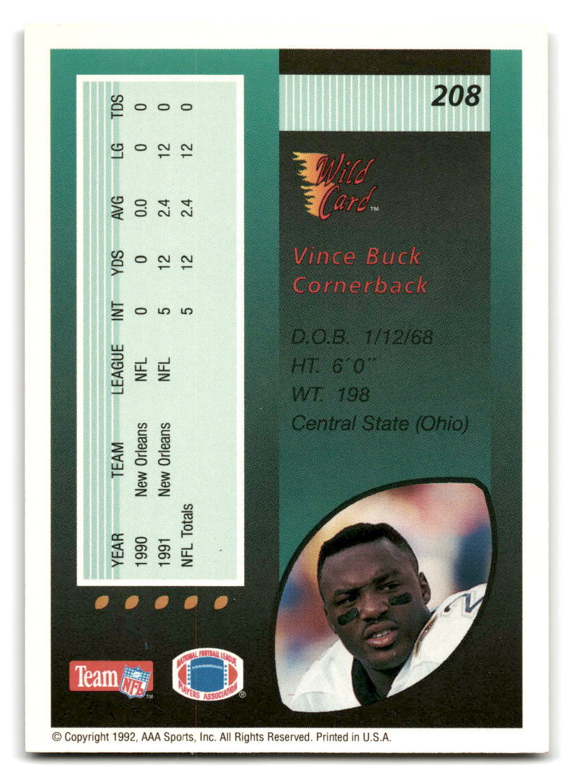 Vince Buck 1992 Wild Card #208 New Orleans Saints FOOTBALL