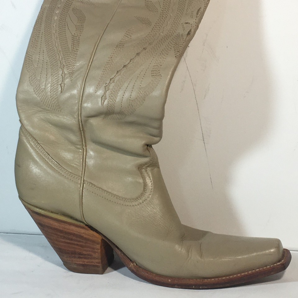 Men's Beige/Brown Leather Custom Cowboy Boots 17" Tall 3" Riding Heels