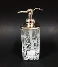 HOTEL FIRENZE THICK GLASS WHITE FLORAL PRINT CHROME TONE SOAP LOTION DISPENSER