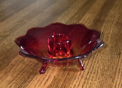 VTG Fenton Amberina Ruby Red Lotus Flower 3 Footed Pedestal Candle Holder Flame - Picture 3 of 14