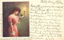 The Lindsay Girl Postcard Antique 1906 Girl reading Letter Gas Light Advert  N