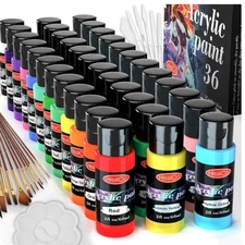 55PCS Acrylic Paint Set 36 Colors 60ml, Non Toxic Canvas Painting Art Supplies