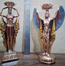 2 antiche statue egizie - candelabro testa di dea Iside, 9 pollici
