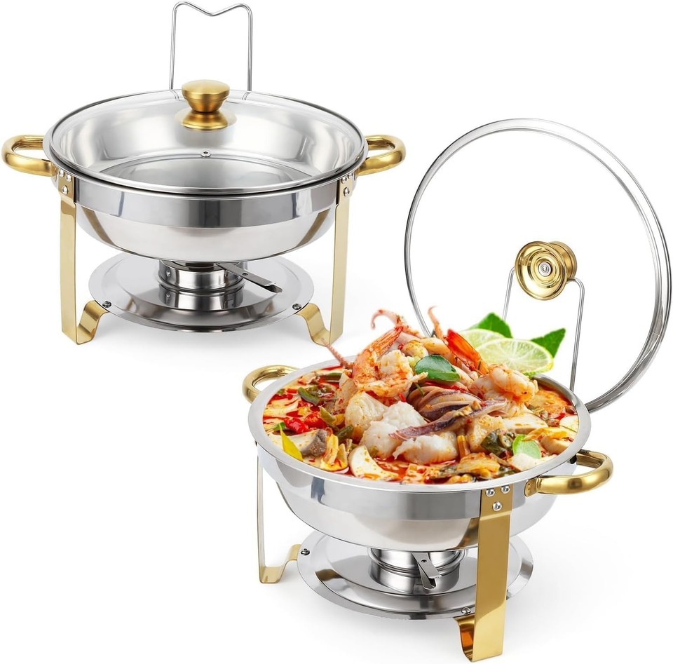 Lot De 4 Chafing Dish Rond 5L Or & Argent - Chauffe-Plats Inox Buffet Élégant Et Robuste Pour Mariages, Réceptions, Restaurants