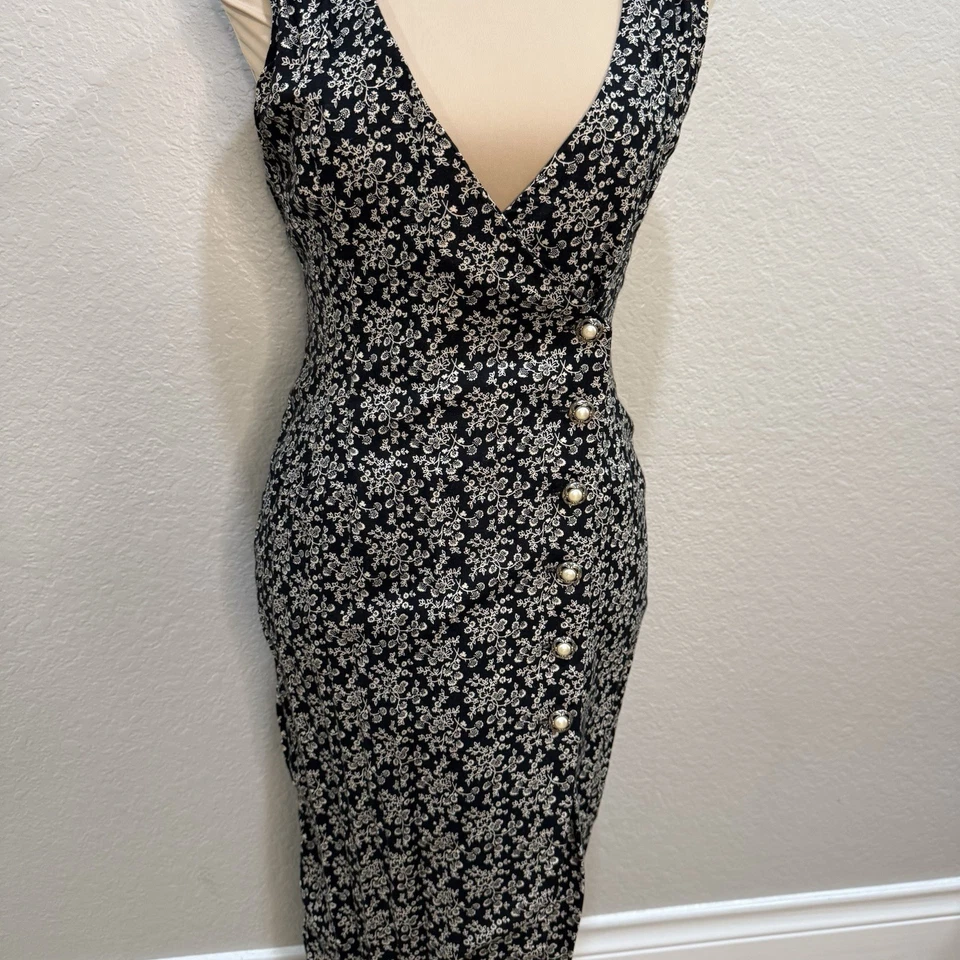 VTG 90s Grunge Floral Pearl Button Front Rayon Maxi Dress Black Ivory Soft Goth - Image 3 of 4