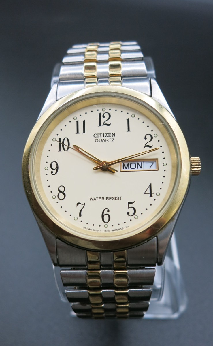 CITIZEN パタパタ置時計 クリーム色 Vintage Citizen Quartz Watch Jubilee Band Japan 1100-S63910 HST