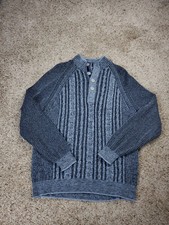 Tommy Bahama Henley Sweater Large Blue Pullover Mock Neck Long Sleeve Cable Knit