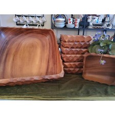 MCM Handcarved Large Wooden Square Serving Salad Bowl and 7 smaller bowls