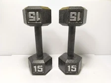 PAIR of 15 LB HEX DUMBBELLS CAST IRON UNBRANDED Gray