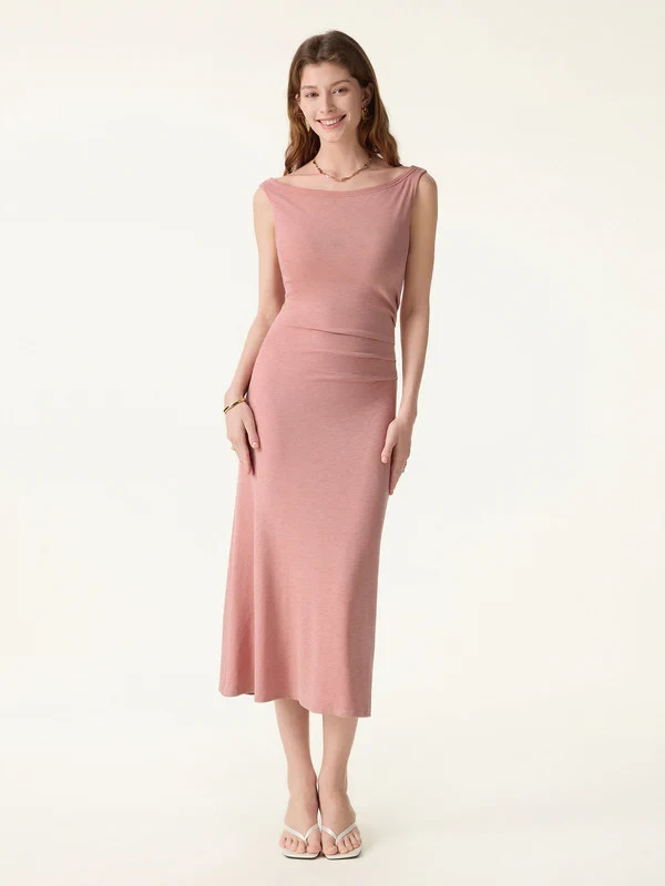 OGL Elegant Boatneck Tucked Fit-and-Flare Midi Bra Dress Sahara Pink