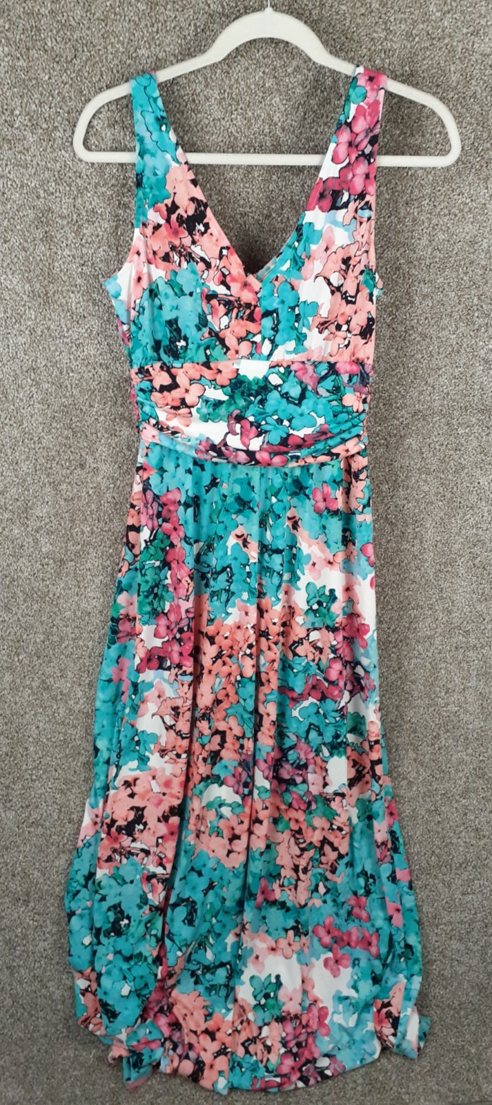 London Times Floral Maxi Dress Womens 8 Pink Blue Sleeveless V-Neck Stretch Chic