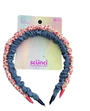Scunci Youth Girls' 2 Pack Ruched Blue Denim & Pink Floral Headbands