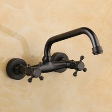 Oil Rubbed Bronze Bathroom Basin Sink Faucet Dual Handles Mixer Tap Wall Mount