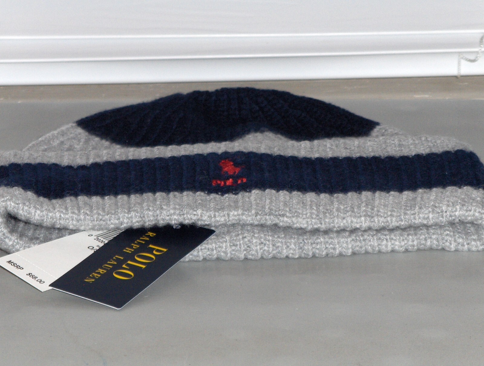 POLO RALPH LAUREN Cappello uomo lana costine maglia pony berretto berretto da sci NAVY GRIGIO CHIARO