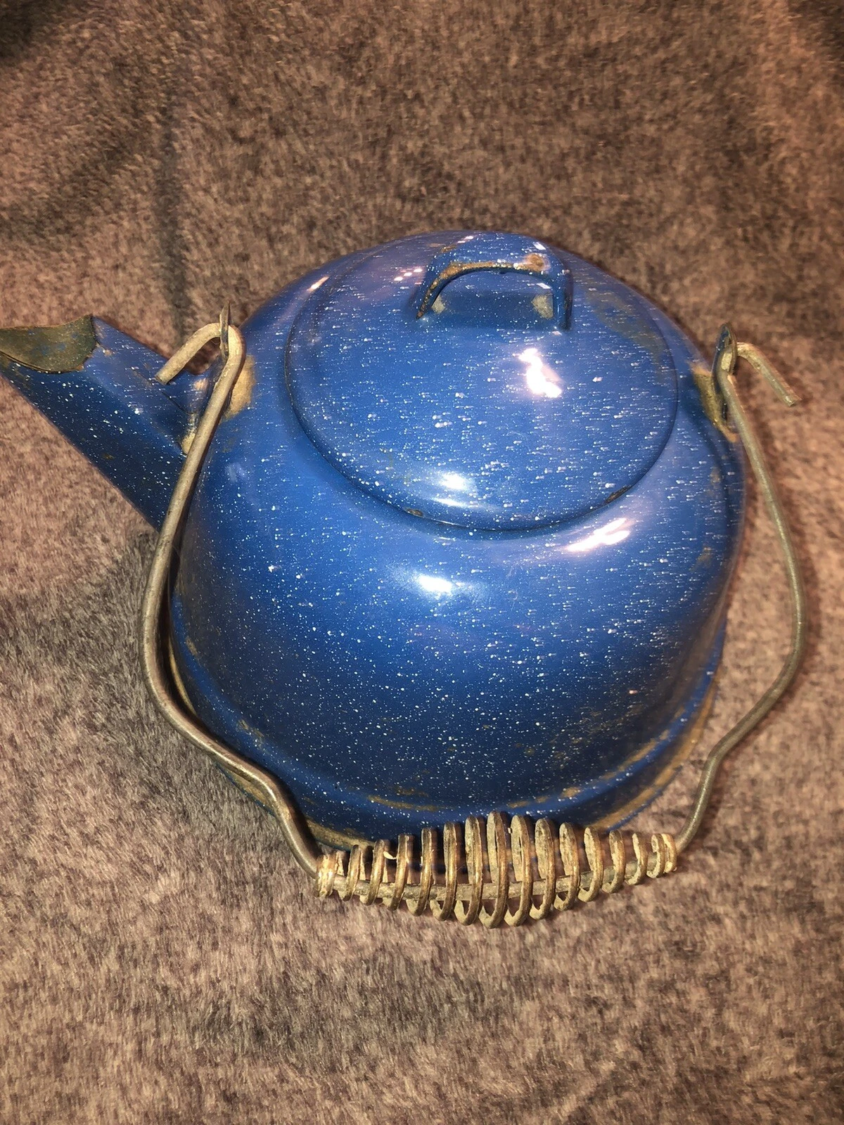 Antique German Blue Enamel Water Can Coffee Tea Pot Camping Gear Vintage