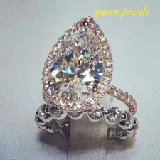 Pear Shape 4CT Lab-Created Diamond Halo Wedding Ring Set 14K Two-Tone Gold Over