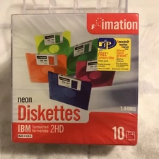 NEW IMATION NEON COLORS 2HD FLOPPY DISKETTES 1.44MB IBM FORMATTED  10 PACK