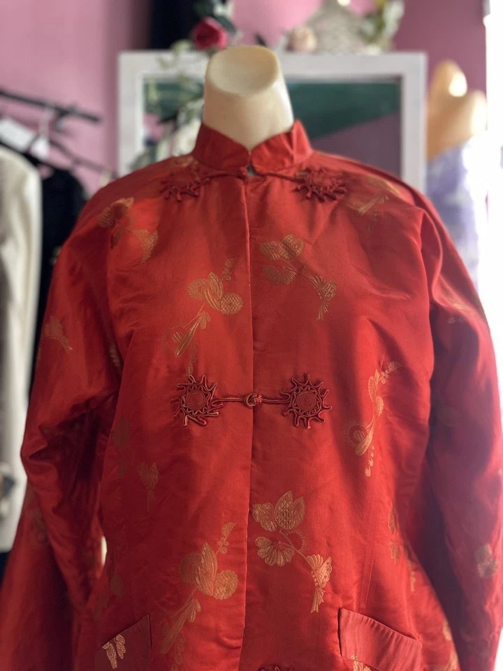 Antigua Chaqueta Asiática China Seda Años 20 30 Roja Oriental Jacquard Art Deco M Foto 3 de 4