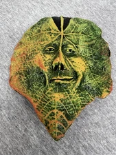 Jef Raasch 2017 Green Man Leaf Face Ceramic Wall Plaque Sculpture Art Signed