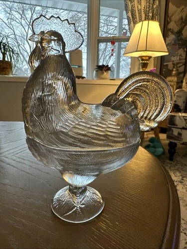 Vintage LE Smith Clear Glass Rooster Covered Candy Dish Chicken Easter READ