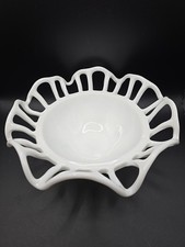 Vtg Duncan & Miller White Milk Glass Murano Design Pulled Lace Ruffle Edge Dish