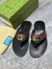 GUCCI GG Web Stripe Logo Thong Sandals, Leather Slip On Men's US 9