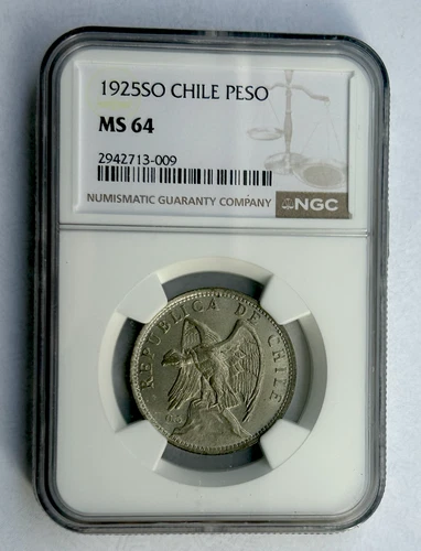 CHILE SILVER PESO 1925SO  MS 64 NGC
