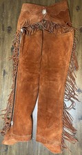 Vintage Western Suede Leather Cowboy Chaps Brown Fringe YKK Zipper Rodeo Riding