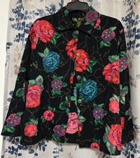 women vintage long sleeve button up rose and embellishment top