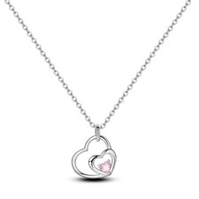 925 Sterling Silver Necklace with Double Love Heart Pink Cubic Zirconia Penda...