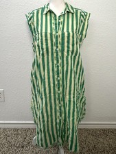 WE THE FREE People Womens SMALL Green Stripe Cotton Midi Shirt DRESS Raw Hem NWT