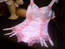 SISSY WHITE ALL IN ONE PANTY SUSPENDER GIRDLE BRA CUPS BABY PINK LACE SATIN BOWS