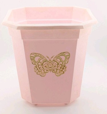 Vintage Pink Trash Can Mid Century Modern Gold Shimmer Butterfly 
