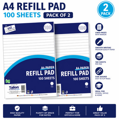 A4 Nachfüllblock 100 Seiten liniertes Papier seitlich gebunden linierter Rand Schreibblock (2er-Pack)
