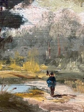 Antique Painting 19 Th School Barbizon Landscape Raised Animated Strollers Frame