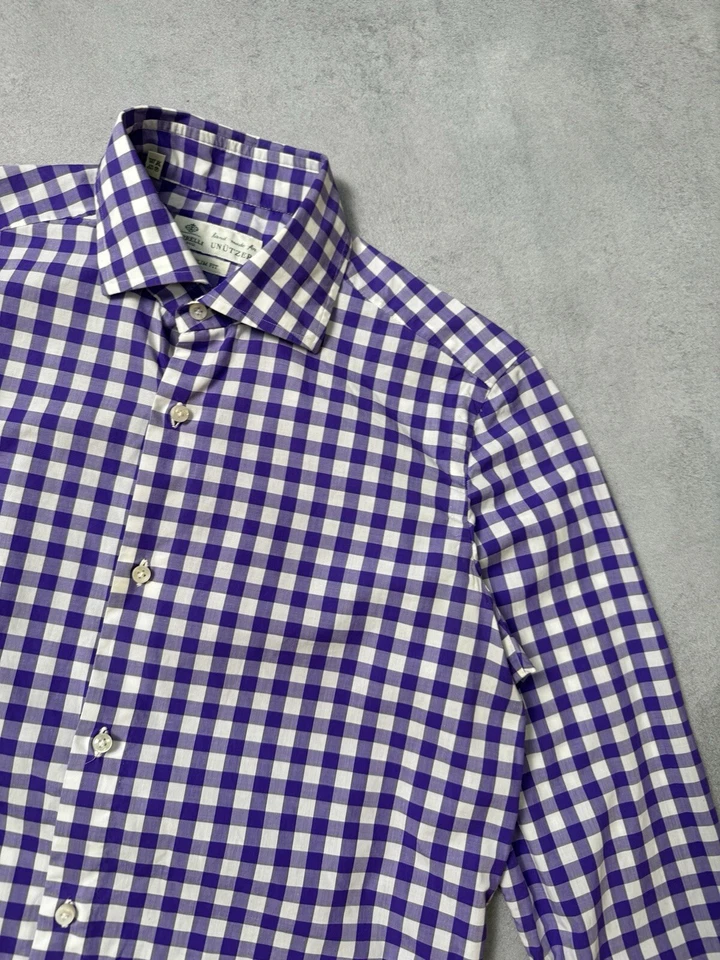 Vestido Camisa Luigi Borrelli Manga Longa com Botões Tamanho 39/15.5 Xadrez Roxo - Imagem 3 de 4