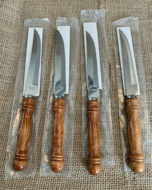 Vintage Wood Handle Stainless Steel Serrated Steak Knives Taiwan Set