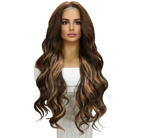Dark brown honey streak realistic Wig 2020 Honey Brown Highlight 27 Curly Lace Frontal Wig 200% Density main image 4