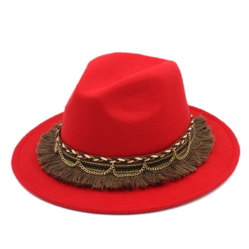 Women's Panama Hat Fedora Trilby Costume Cap Stiff Wide Brim Tassel Knit Band - Picture 6 of 25